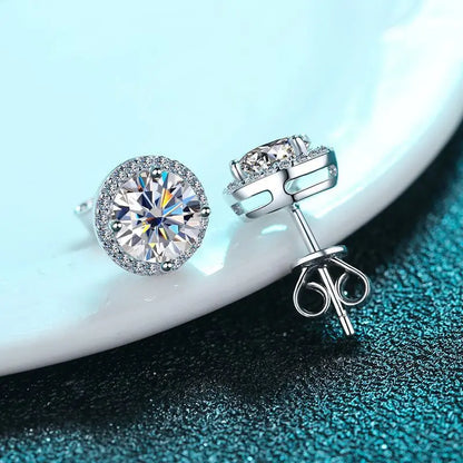 18k White Gold Plated Silver Halo Moissanite Stud Earrings 2CTW Moissanite Engagement Rings & Jewelry | Luxus Moissanite