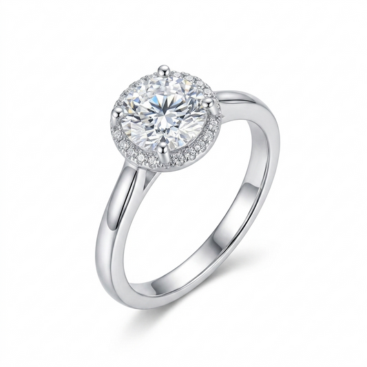 Platinum Plated Silver Halo Moissanite Ring 1 Carat - 2ct Center Stones
