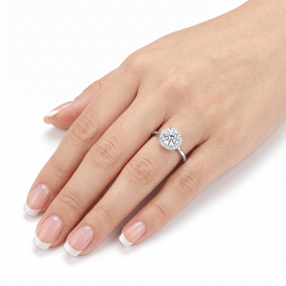 Platinum Plated Silver Halo Moissanite Ring 1 Carat - 2ct Center Stones