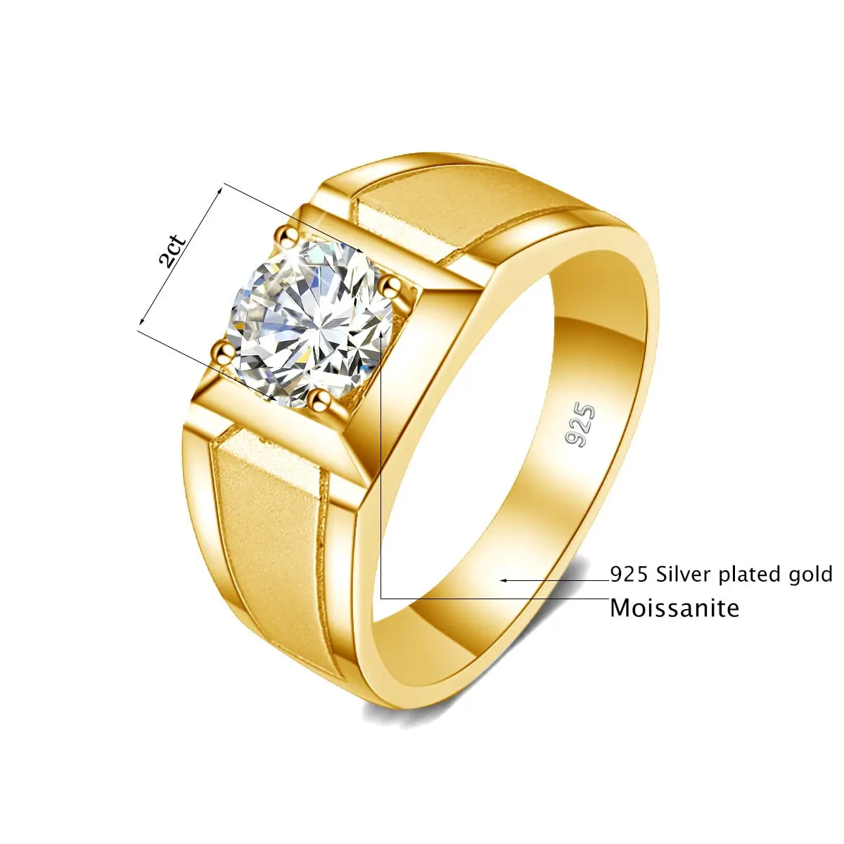 Gold Plated Silver Men's Moissanite Engagement Ring 2ct Center Stone Moissanite Engagement Rings & Jewelry | Luxus Moissanite