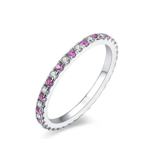 Gold or Silver 1.5mm Moissanite Eternity Ring with Pink Sapphire Colors .5ctw Moissanite Engagement Rings & Jewelry | Luxus Moissanite