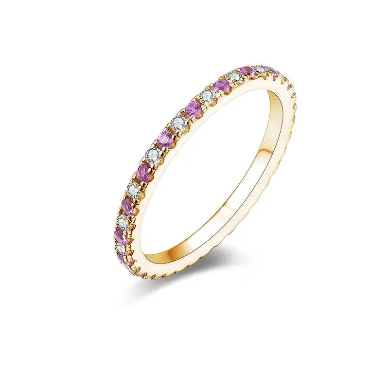 Gold or Silver 1.5mm Moissanite Eternity Ring with Pink Sapphire Colors .5ctw Moissanite Engagement Rings & Jewelry | Luxus Moissanite