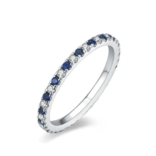 Gold or Silver 1.5mm Moissanite Eternity Ring with Pink and Blue Sapphire Colors .5ctw Moissanite Engagement Rings & Jewelry | Luxus Moissanite