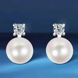 MOISSANITE STUD AND PEARL DROP EARRINGS 18K WHITE GOLD PLATED SILVER Moissanite Engagement Rings & Jewelry | Luxus Moissanite