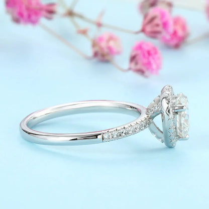 PLATINUM PLATED SILVER MOISSANITE HALO ENGAGEMENT RING 1CT Moissanite Engagement Rings & Jewelry | Luxus Moissanite