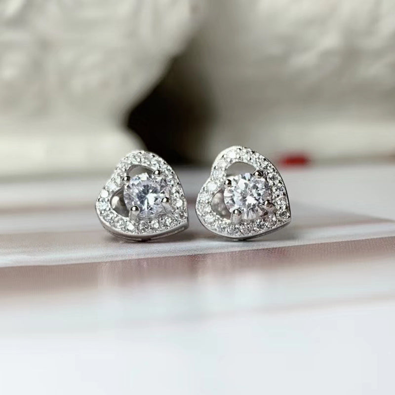 Platinum Plated 925 Silver Halo Heart Stud Moissanite Earrings 0.6ctw Moissanite Engagement Rings & Jewelry | Luxus Moissanite