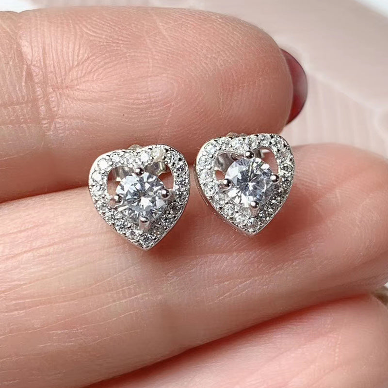 Platinum Plated 925 Silver Halo Heart Stud Moissanite Earrings 0.6ctw Moissanite Engagement Rings & Jewelry | Luxus Moissanite