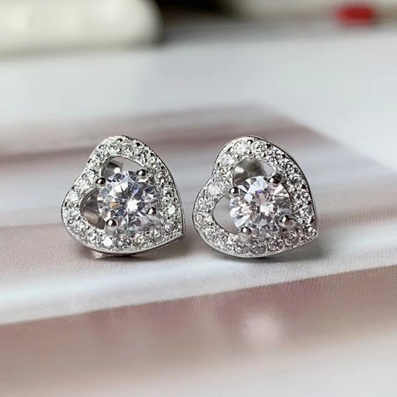 Platinum Plated 925 Silver Halo Heart Stud Moissanite Earrings 0.6ctw Moissanite Engagement Rings & Jewelry | Luxus Moissanite