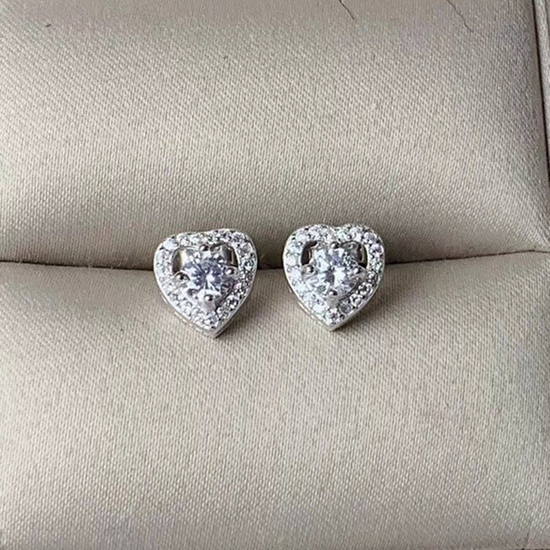 Platinum Plated 925 Silver Halo Heart Stud Moissanite Earrings 0.6ctw Moissanite Engagement Rings & Jewelry | Luxus Moissanite