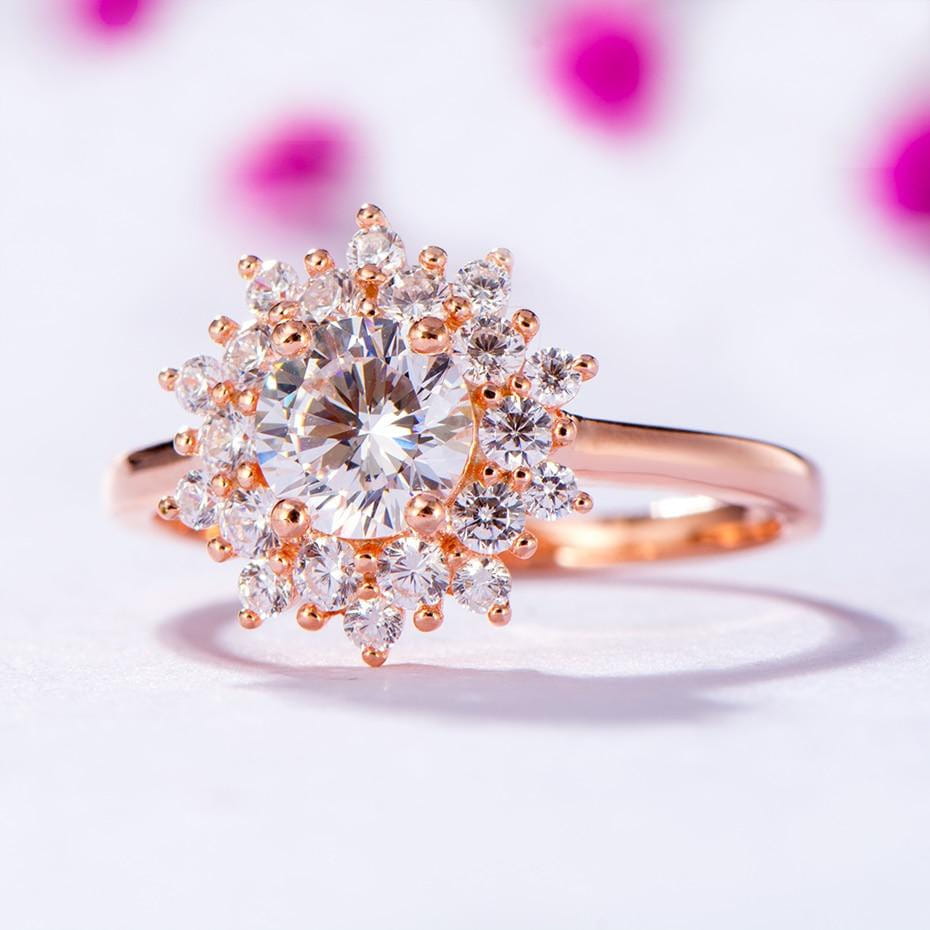 Platinum Plated Silver / Rose Gold Halo Moissanite Ring 0.7ct Moissanite Engagement Rings & Jewelry | Luxus Moissanite