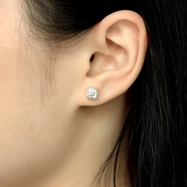 Platinum Plated Silver Cushion Cut Stud Moissanite Earrings 2ctw