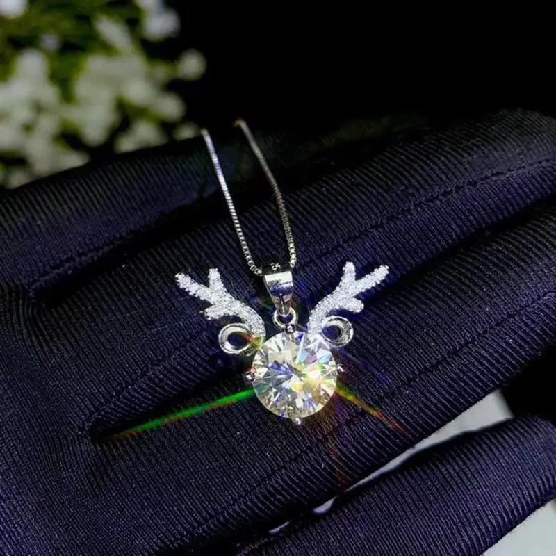 Platinum Plated Silver Deer Moissanite Necklace 1ct - 3ct Options Moissanite Engagement Rings & Jewelry | Silver Deer Necklace | Luxus Moissanite