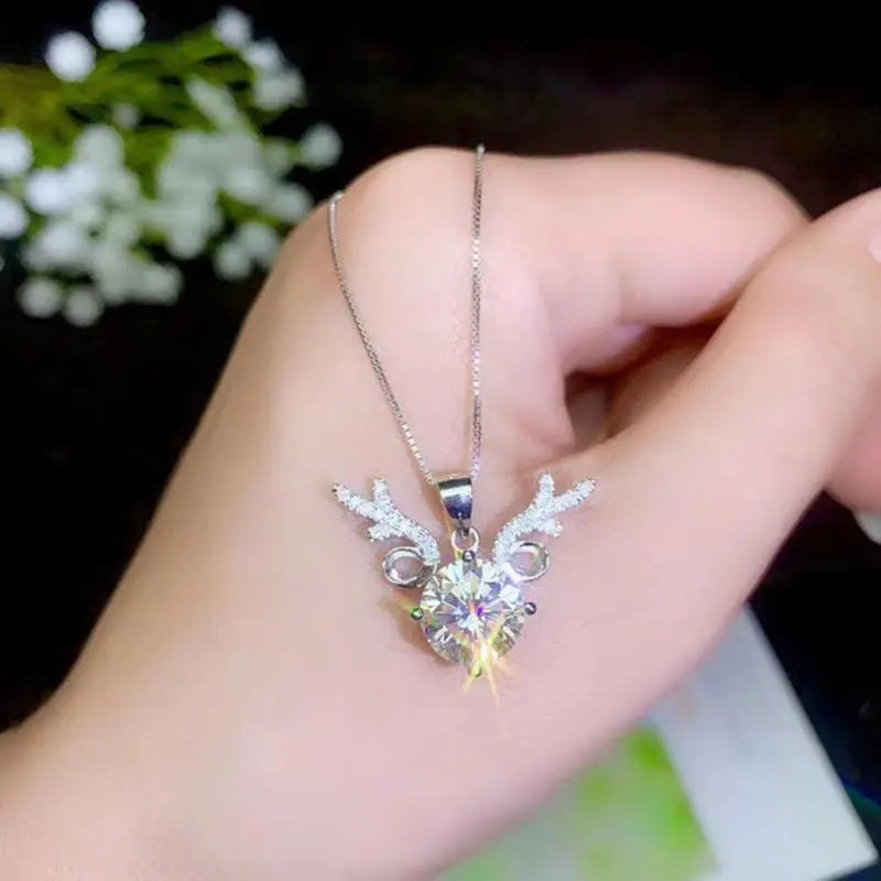 Platinum Plated Silver Deer Moissanite Necklace 1ct - 3ct Options Moissanite Engagement Rings & Jewelry | Silver Deer Necklace | Luxus Moissanite