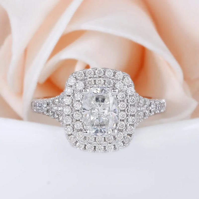 Platinum Plated Silver Double Halo Moissanite Ring 1ct Oval Cut Moissanite Engagement Rings & Jewelry | Luxus Moissanite