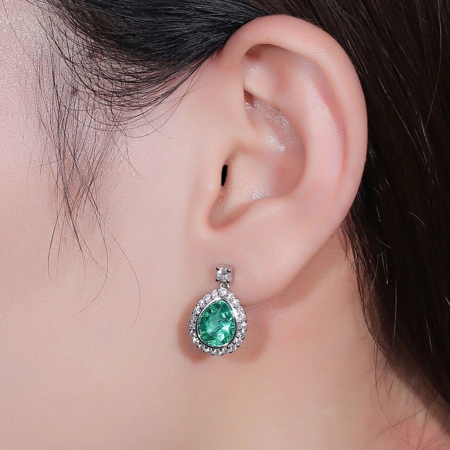 Platinum Plated Silver Emerald Halo Moissanite Earrings Moissanite Engagement Rings & Jewelry | Luxus Moissanite | Emerald Earrings