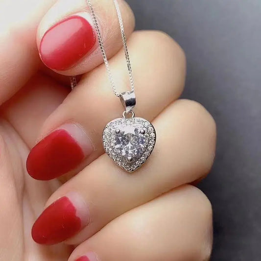 Platinum Plated Silver Halo Heart Moissanite Necklace 1ct Center Stone Moissanite Engagement Rings & Jewelry | Luxus Moissanite | Halo Heart Necklace