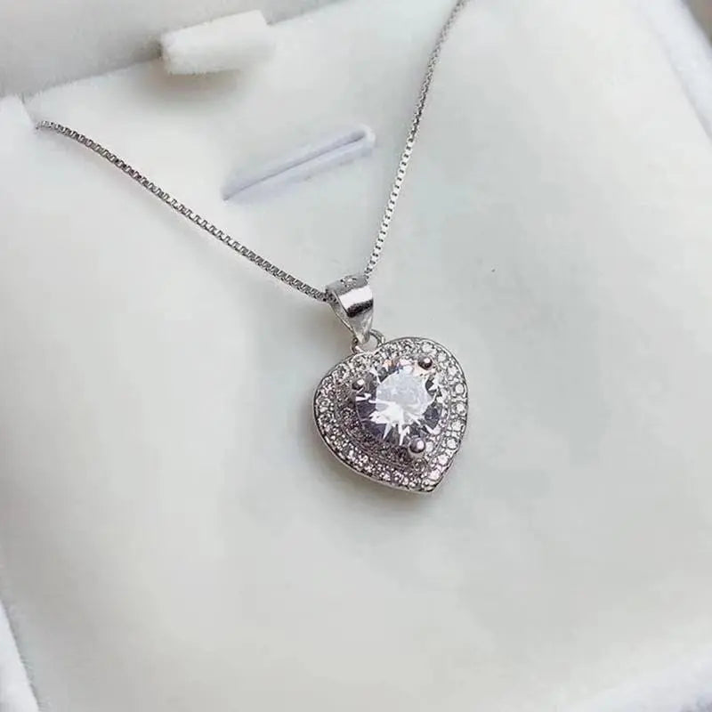 Platinum Plated Silver Halo Heart Moissanite Necklace 1ct Center Stone Moissanite Engagement Rings & Jewelry | Luxus Moissanite | Halo Heart Necklace