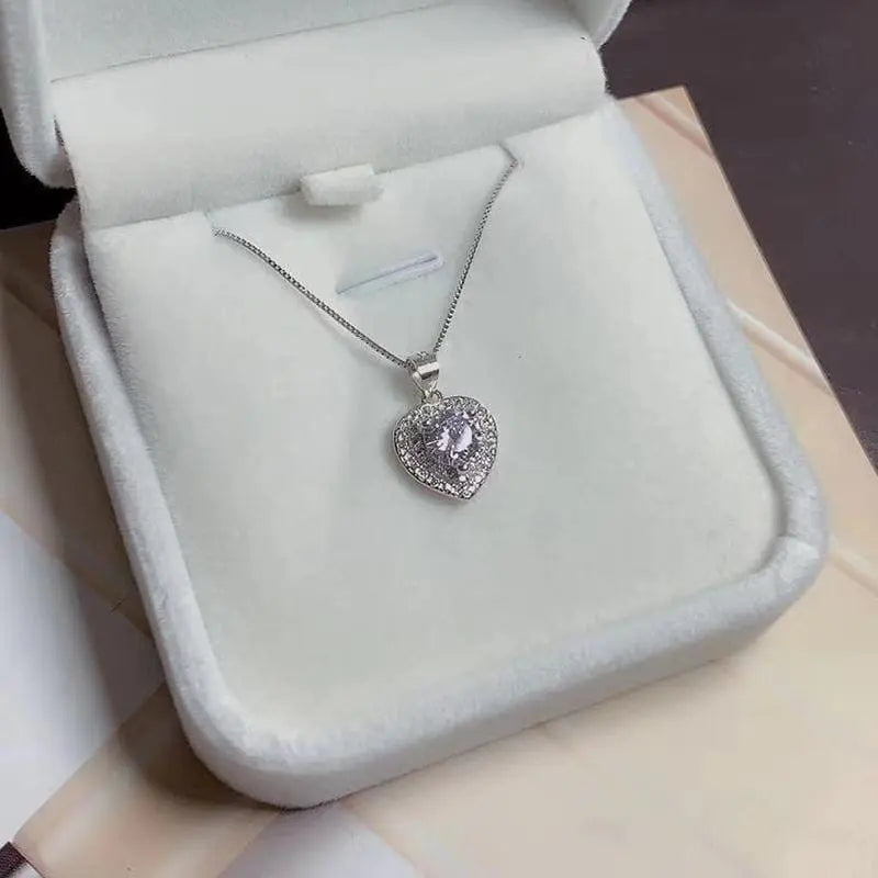 Platinum Plated Silver Halo Heart Moissanite Necklace 1ct Center Stone Moissanite Engagement Rings & Jewelry | Luxus Moissanite