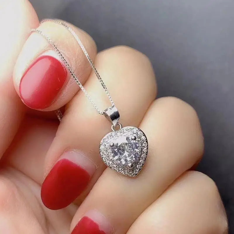 Platinum Plated Silver Halo Heart Moissanite Necklace 1ct Center Stone Moissanite Engagement Rings & Jewelry | Luxus Moissanite | Halo Heart Necklace