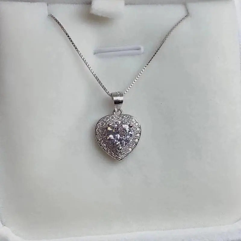 Platinum Plated Silver Halo Heart Moissanite Necklace 1ct Center Stone Moissanite Engagement Rings & Jewelry | Luxus Moissanite | Halo Heart Necklace