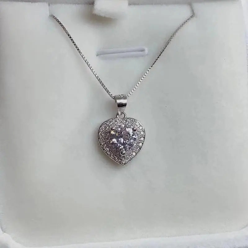 Platinum Plated Silver Halo Heart Moissanite Necklace 1ct Center Stone Moissanite Engagement Rings & Jewelry | Luxus Moissanite