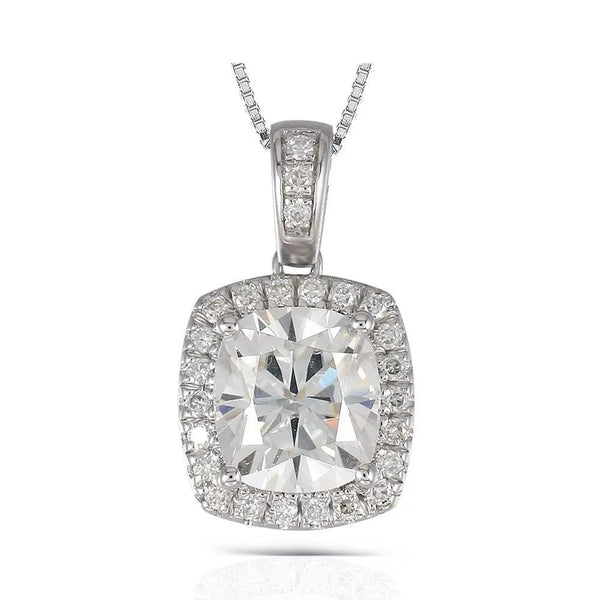 Platinum Plated Silver Halo Moissanite Necklace 2.18ct Total Moissanite Engagement Rings & Jewelry | Luxus Moissanite