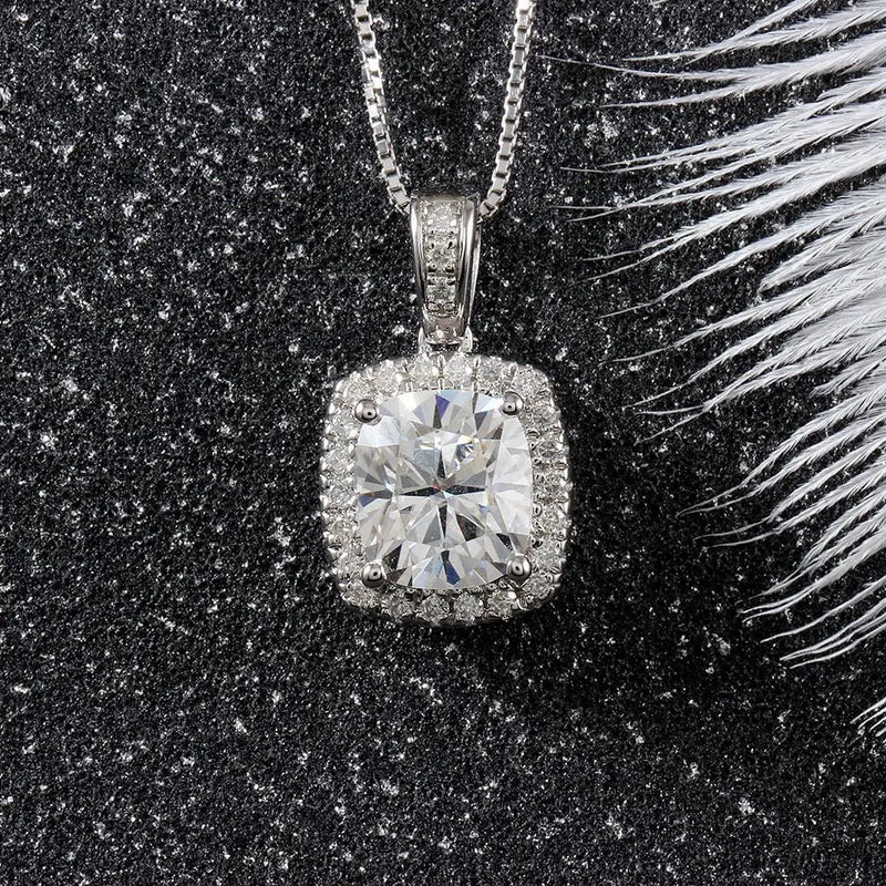Platinum Plated Silver Halo Moissanite Necklace 2.18ct Total Moissanite Engagement Rings & Jewelry | Luxus Moissanite
