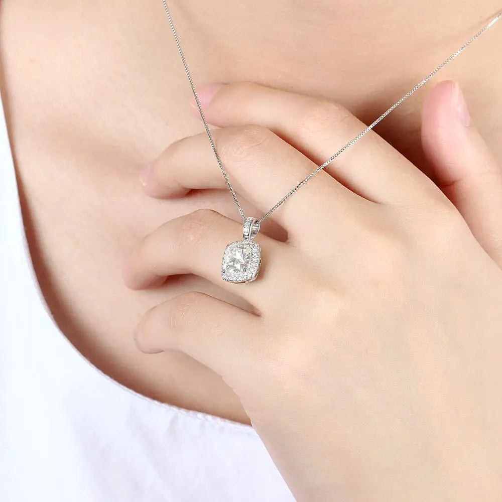 Platinum Plated Silver Halo Moissanite Necklace 2.18ct Total Moissanite Engagement Rings & Jewelry | Luxus Moissanite | Pretty Woman Necklace