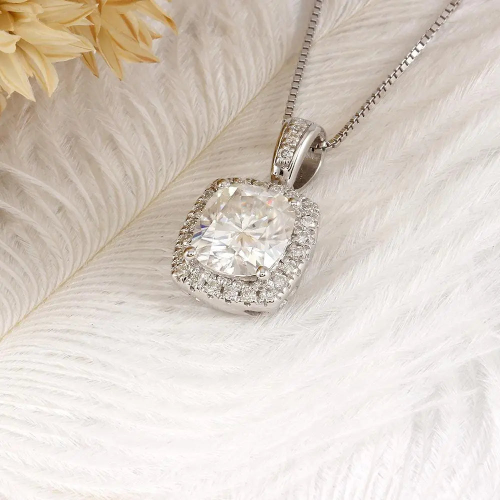 Platinum Plated Silver Halo Moissanite Necklace 2.18ct Total Moissanite Engagement Rings & Jewelry | Luxus Moissanite | Pretty Woman Necklace 