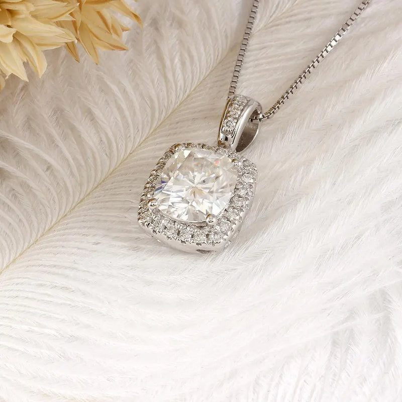 Platinum Plated Silver Halo Moissanite Necklace 2.18ct Total Moissanite Engagement Rings & Jewelry | Luxus Moissanite