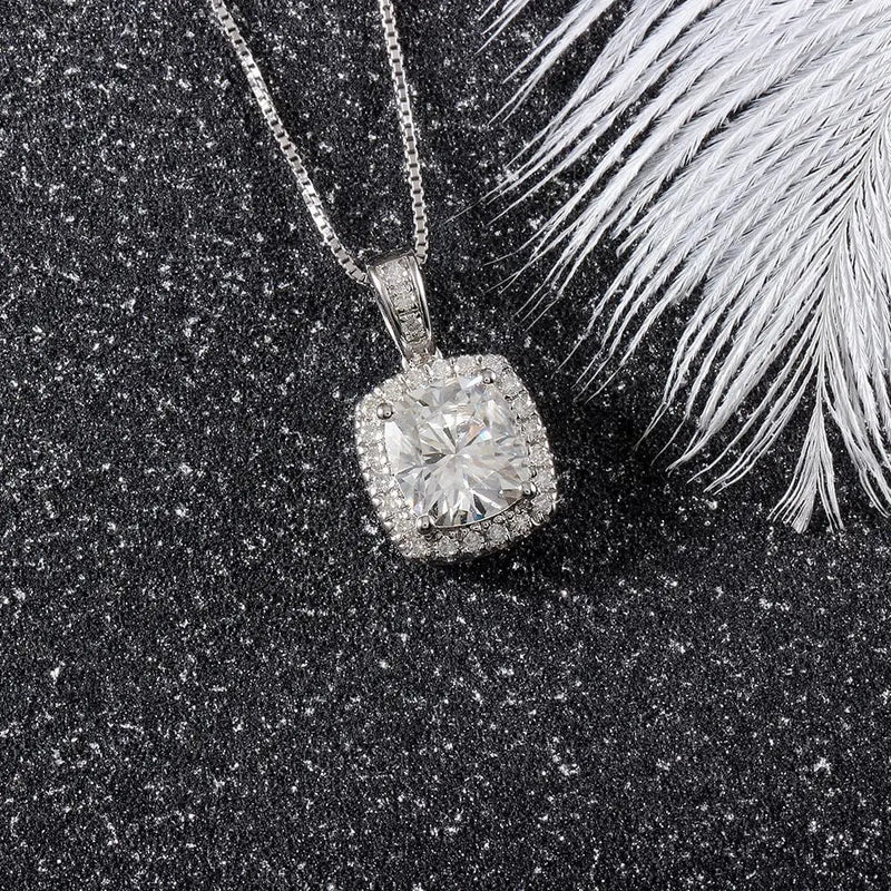 Platinum Plated Silver Halo Moissanite Necklace 2.18ct Total Moissanite Engagement Rings & Jewelry | Luxus Moissanite