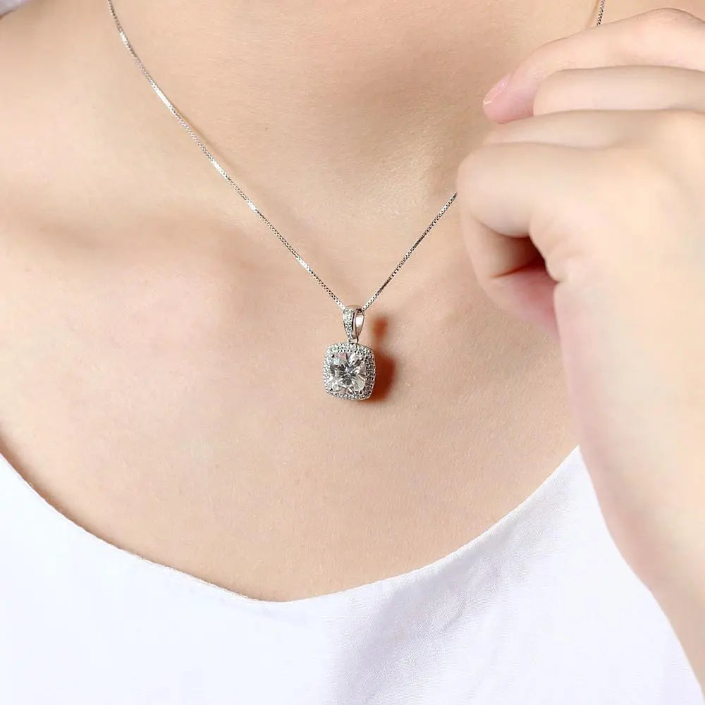 Platinum Plated Silver Halo Moissanite Necklace 2.18ct Total Moissanite Engagement Rings & Jewelry | Luxus Moissanite | Pretty Woman Necklace