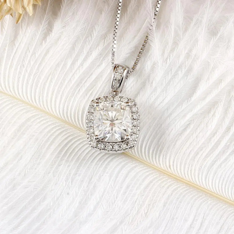 Platinum Plated Silver Halo Moissanite Necklace 2.18ct Total Moissanite Engagement Rings & Jewelry | Luxus Moissanite