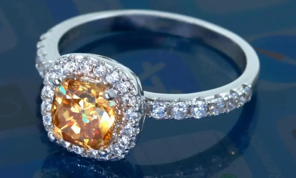 Platinum Plated Silver Halo Moissanite Ring 1ct (Multiple Colors) Stone Moissanite Engagement Rings & Jewelry | Luxus Moissanite