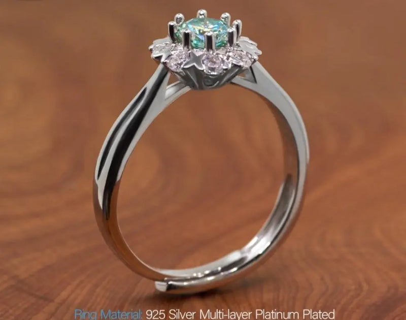 Platinum Plated Silver Halo Moissanite Ring Green 0.45ct Stone Moissanite Engagement Rings & Jewelry | Luxus Moissanite