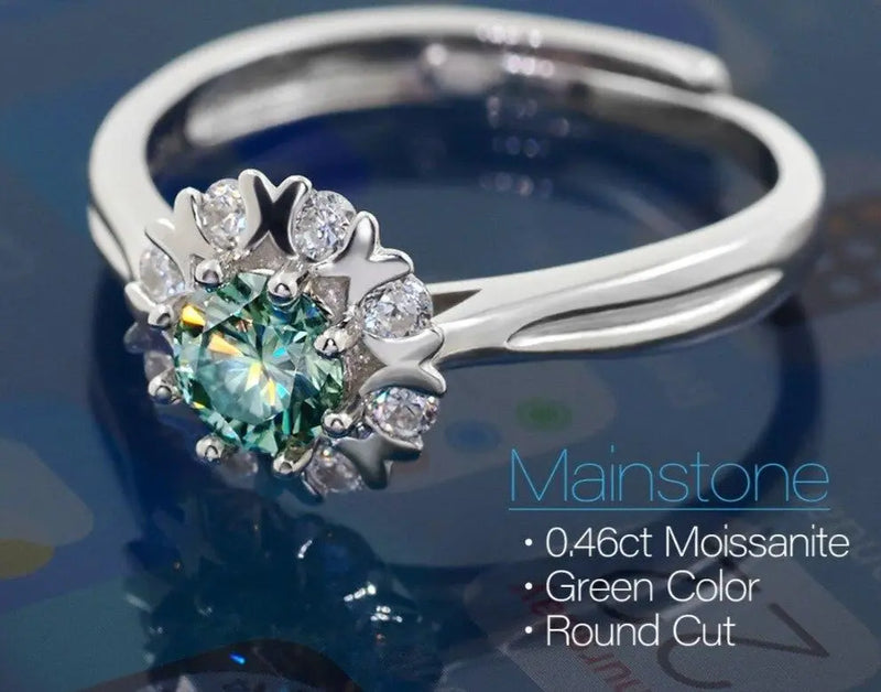 Platinum Plated Silver Halo Moissanite Ring Green 0.45ct Stone Moissanite Engagement Rings & Jewelry | Luxus Moissanite