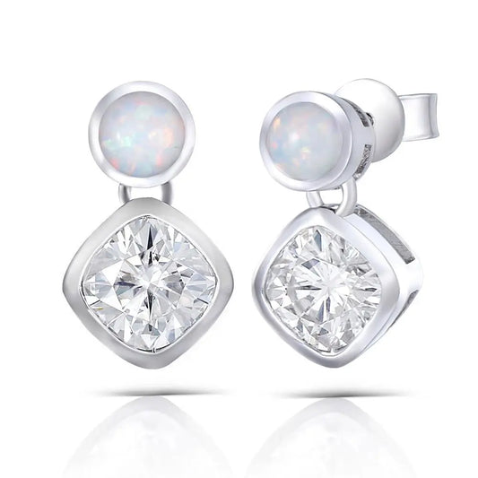 Platinum Plated Silver Moissanite Earrings With White Opal 2ctw Moissanite Engagement Rings & Jewelry | Platinum Plated Silver Moissanite With White Opal Earrings 2ctw | Luxus Moissanite