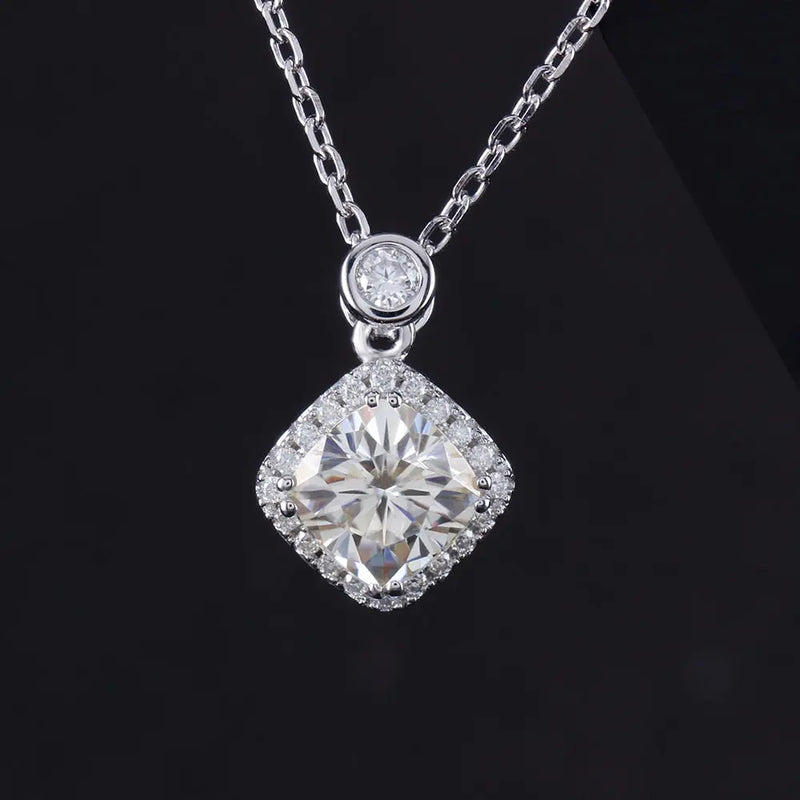 Platinum Plated Silver Moissanite Halo Necklace / Pendant 2ct Total Moissanite Engagement Rings & Jewelry | Luxus Moissanite