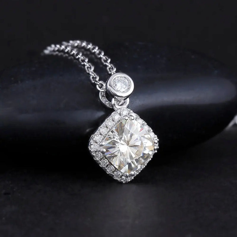 Platinum Plated Silver Moissanite Halo Necklace / Pendant 2ct Total Moissanite Engagement Rings & Jewelry | Luxus Moissanite