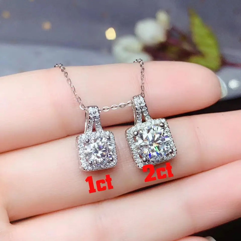 Platinum Plated Silver Moissanite Halo Necklace 1ct & 2ct Options Moissanite Engagement Rings & Jewelry | Luxus Moissanite