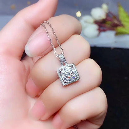 Platinum Plated Silver Moissanite Halo Necklace 1ct & 2ct Options Moissanite Engagement Rings & Jewelry | Luxus Moissanite | Cute Necklace for Mom