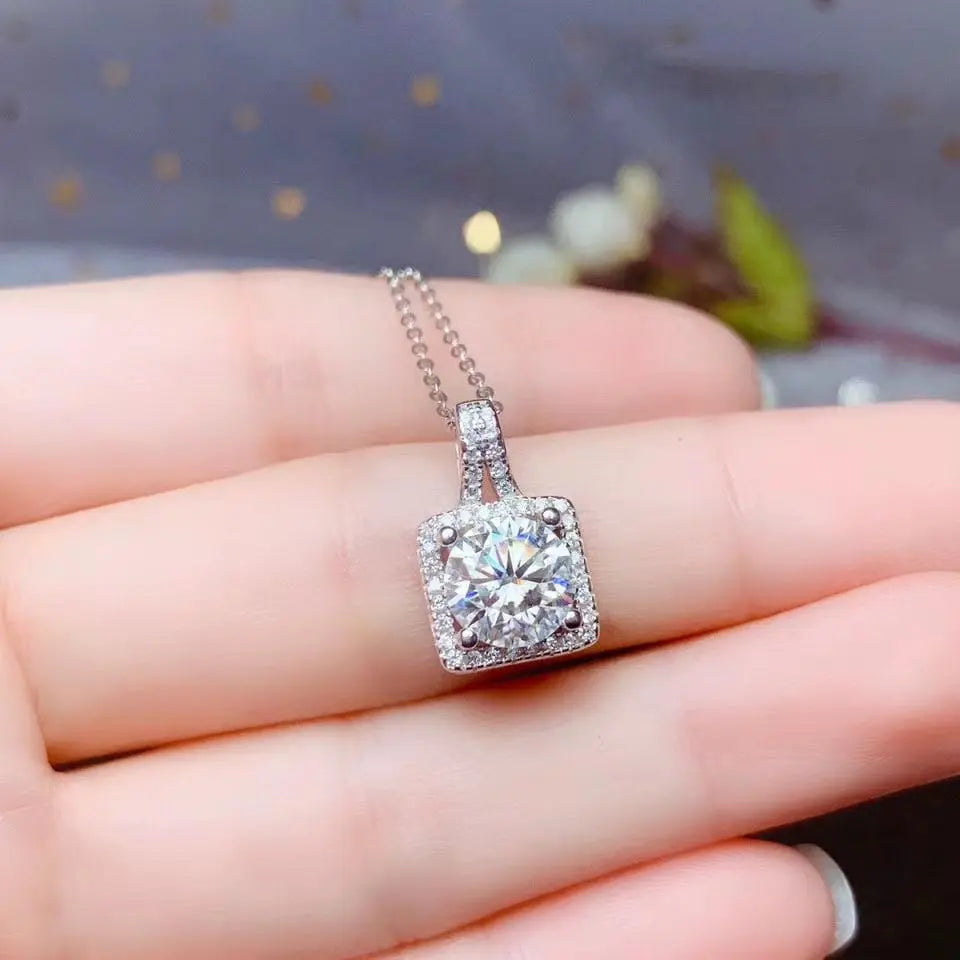 Platinum Plated Silver Moissanite Halo Necklace 1ct & 2ct Options Moissanite Engagement Rings & Jewelry | Luxus Moissanite | Cute Necklace for Mom