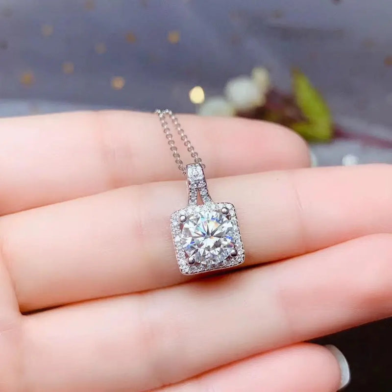 Platinum Plated Silver Moissanite Halo Necklace 1ct & 2ct Options Moissanite Engagement Rings & Jewelry | Luxus Moissanite