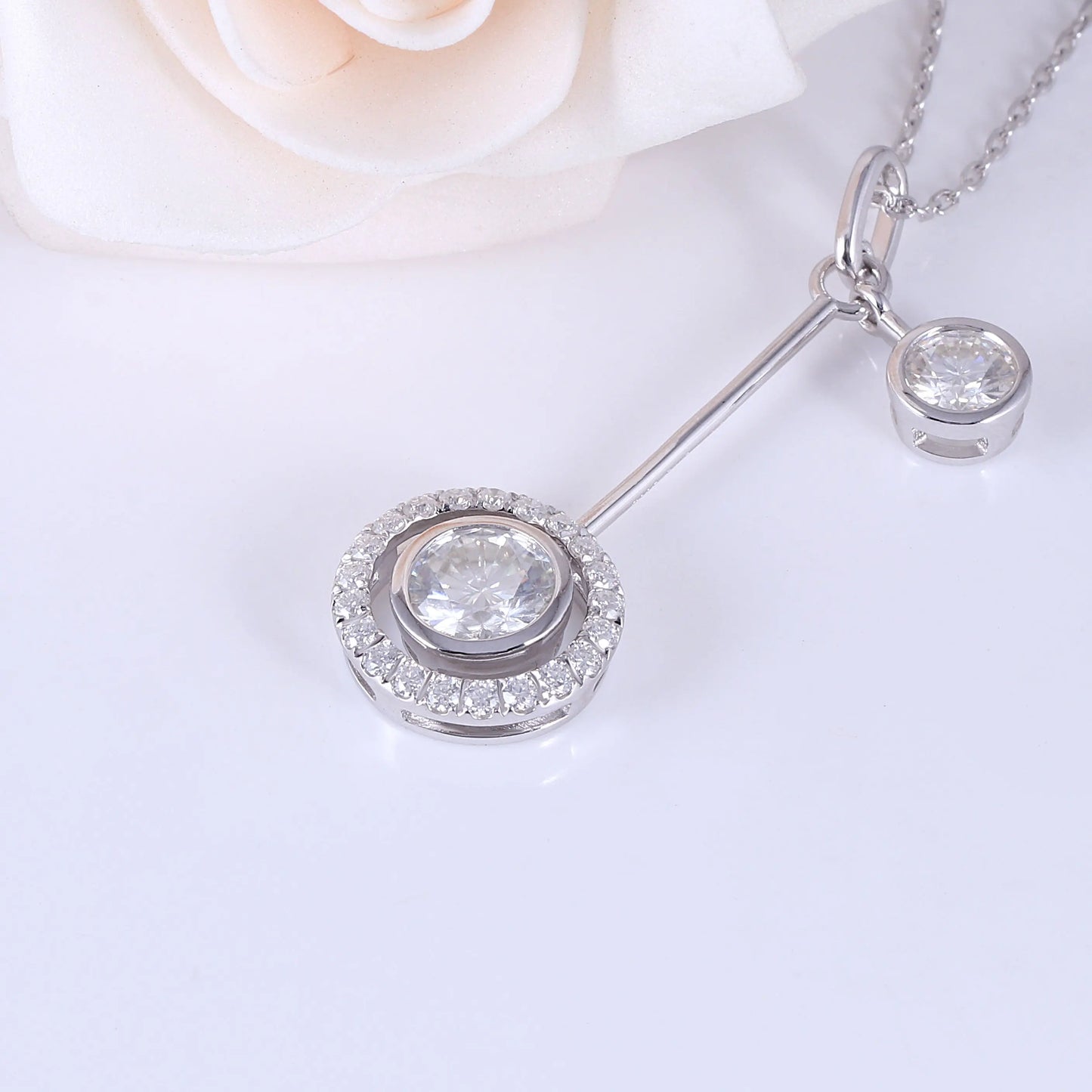 Platinum Plated Silver Moissanite Necklace 1ct Main Stone 0.5ct Secondary Stone Moissanite Engagement Rings & Jewelry | Luxus Moissanite | Platinum Plated Necklace for Affordable Price — Buy Now!