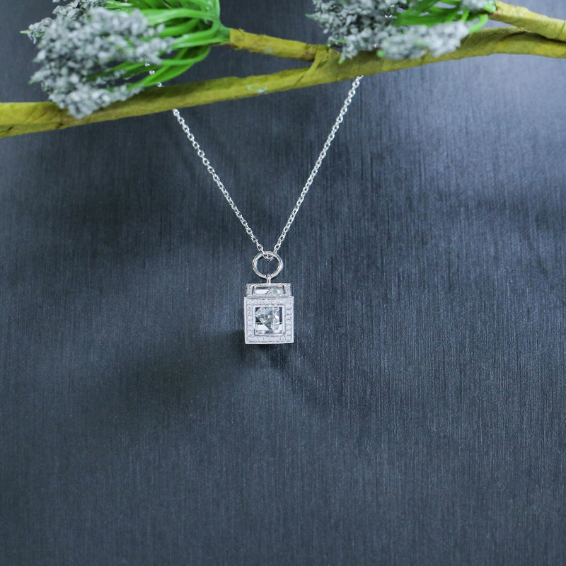 Platinum Plated Silver Moissanite Necklace Square 1ct Stone In Center Moissanite Engagement Rings & Jewelry | Luxus Moissanite