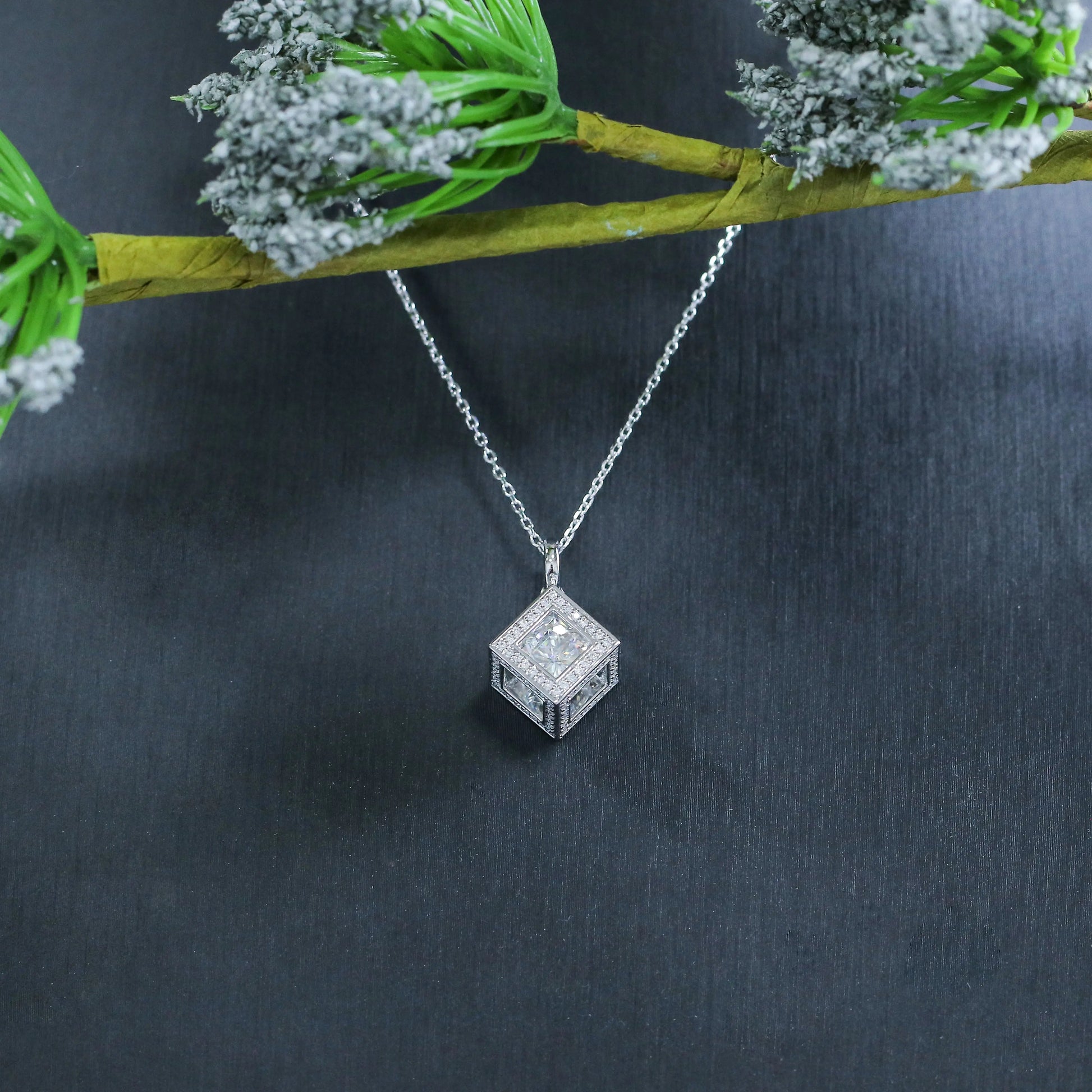 Platinum Plated Silver Moissanite Necklace Square 1ct Stone In Center Moissanite Engagement Rings & Jewelry | Luxus Moissanite