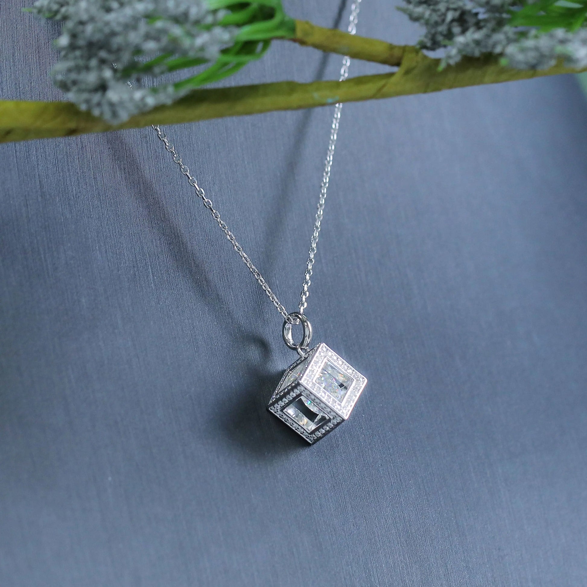 Platinum Plated Silver Moissanite Necklace Square 1ct Stone In Center Moissanite Engagement Rings & Jewelry | Luxus Moissanite