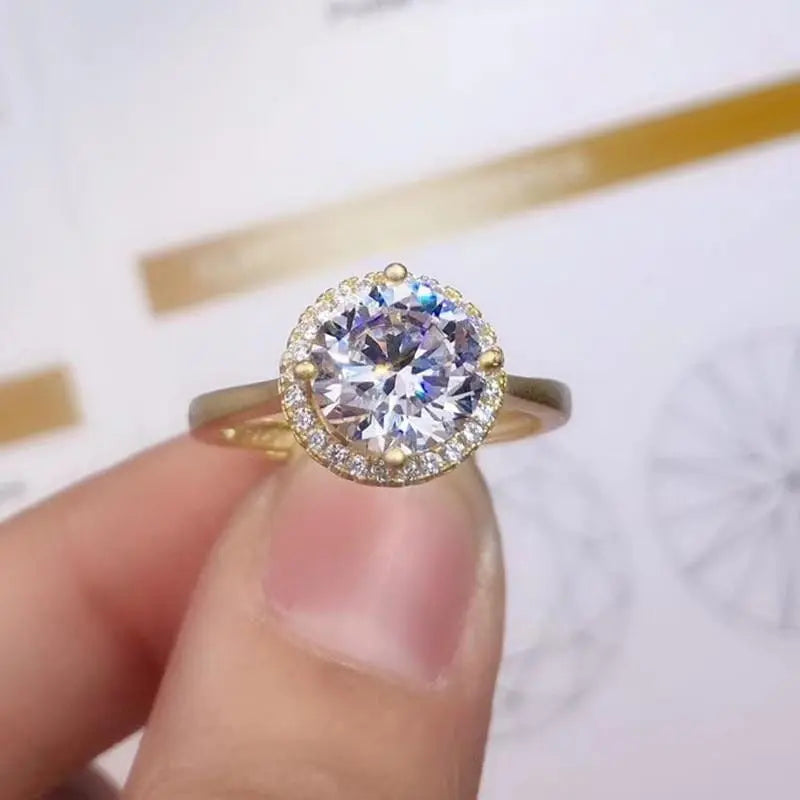 Resizable Yellow Gold Plated Silver Halo Moissanite Ring 2ct Moissanite Engagement Rings & Jewelry | Luxus Moissanite | Adjustable Ring for Woman