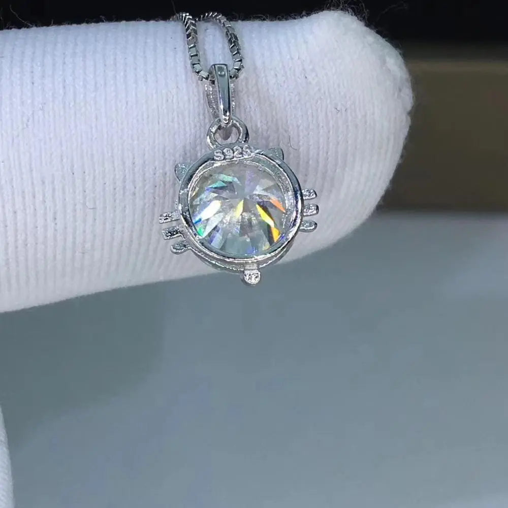 Silver Cat Face Moissanite Necklace / Pendant 1ct & 2ct Options Moissanite Engagement Rings & Jewelry | Luxus Moissanite Necklace With a Pendant