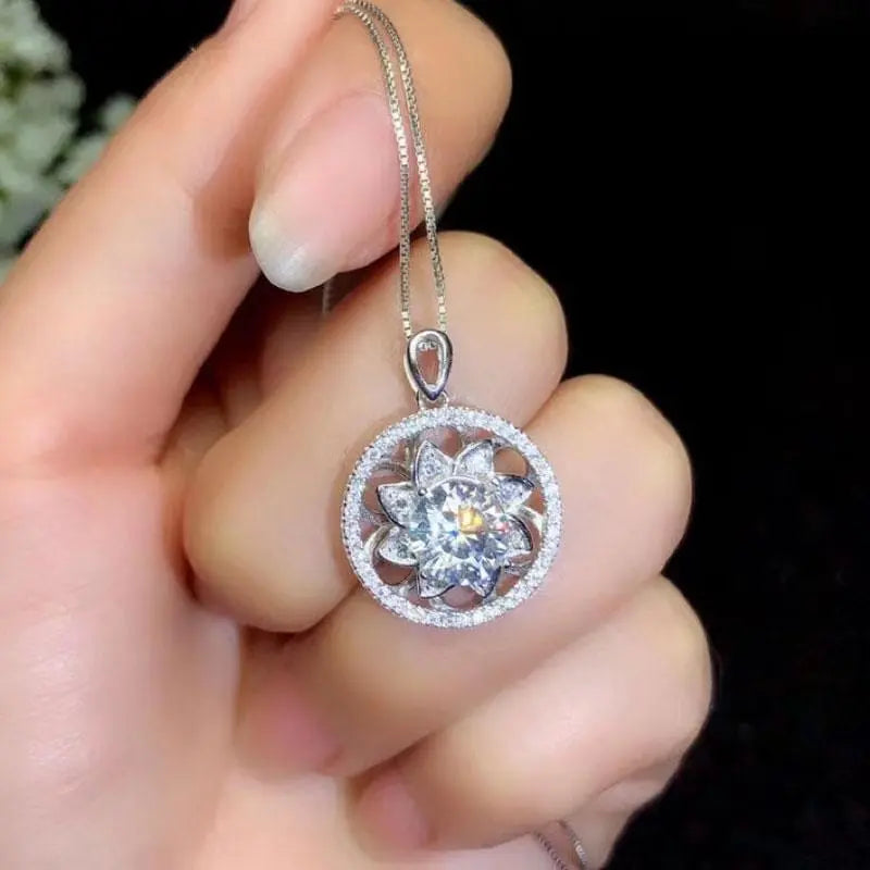White Gold Plated 925 Silver Moissanite Halo Necklace 1.5ct Center Stone Moissanite Engagement Rings & Jewelry | Luxus Moissanite Best Necklace for Sweetheart Neckline